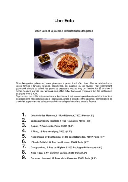 Uber Eats : journée mondiale des pâtes | RESTO-Today Uber Eats : journée mondiale des pâtes | RESTO-Today